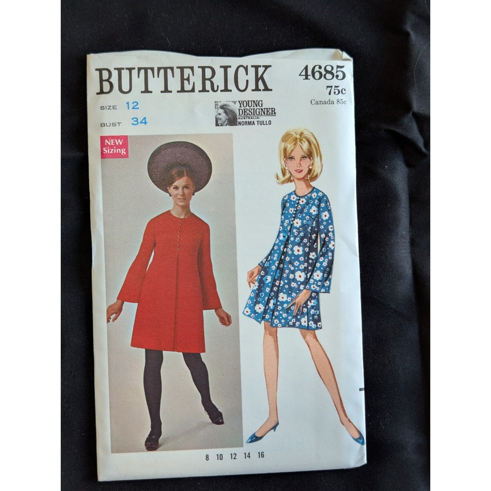 VTG 1968 Butterick 4685 Norma Tullo Uncut Mod Dress Pattern Size 12 Bust 34